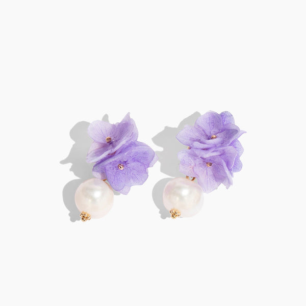 Earrings with ceramic good pearls in white, cherry blossoms in lilac and purple