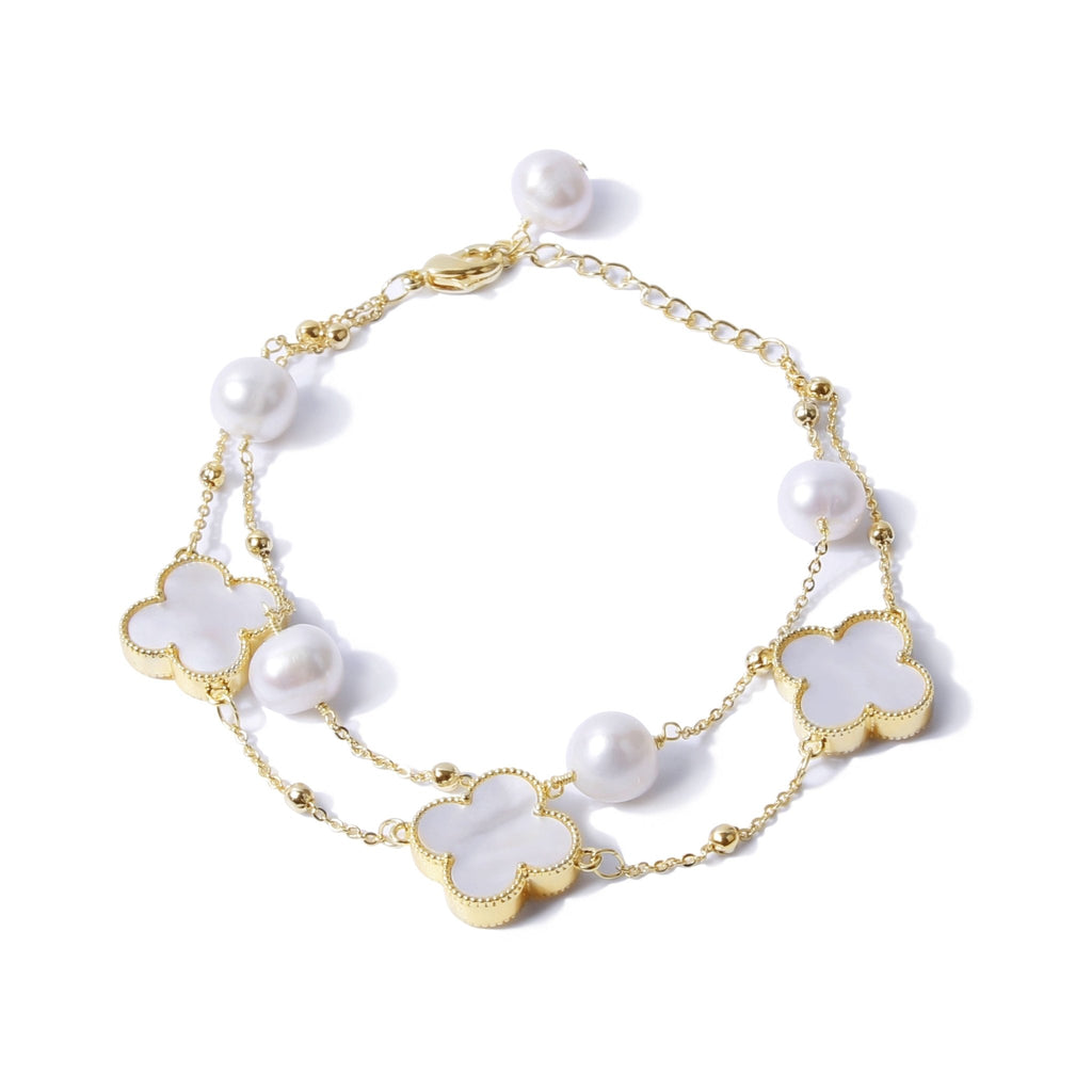 Lucky Clover Flower Charm Natural Pearl Bracelet